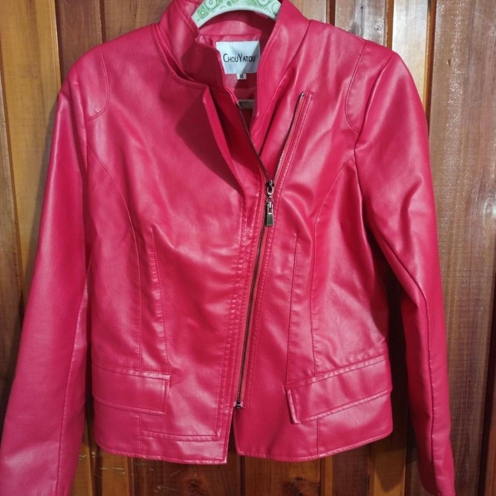 'Chouyatou hot pink faux leather bikercore jacket Size M #biker #pink#girly